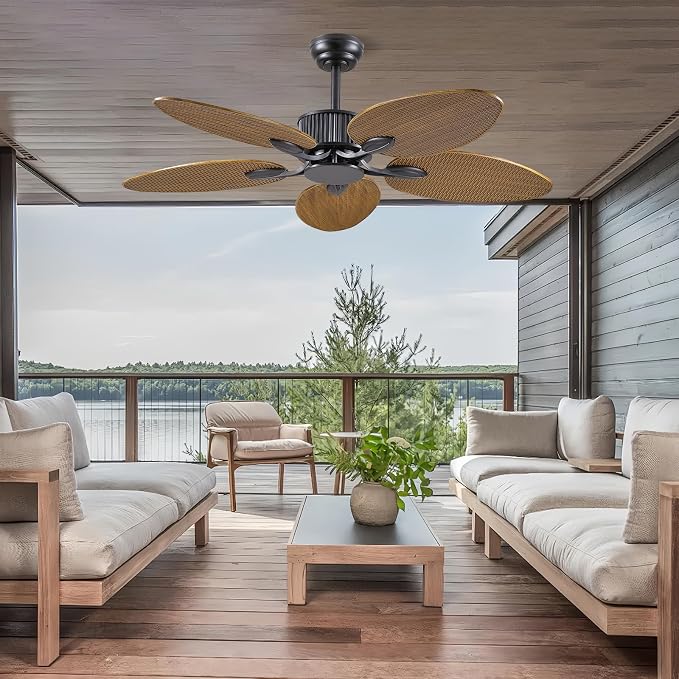 50 Inch Tropical Ceiling Fan no Light, Palm Leaf Waterproof Outdoor Ceiling Fans for Patios Porch, Remote/APP Control, Wet