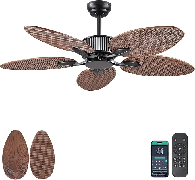 50 Inch Tropical Ceiling Fan no Light, Palm Leaf Waterproof Outdoor Ceiling Fans for Patios Porch, Remote/APP Control, Wet