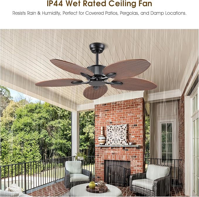 50 Inch Tropical Ceiling Fan no Light, Palm Leaf Waterproof Outdoor Ceiling Fans for Patios Porch, Remote/APP Control, Wet
