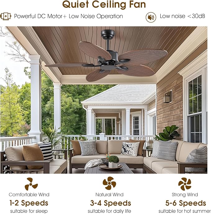 50 Inch Tropical Ceiling Fan no Light, Palm Leaf Waterproof Outdoor Ceiling Fans for Patios Porch, Remote/APP Control, Wet