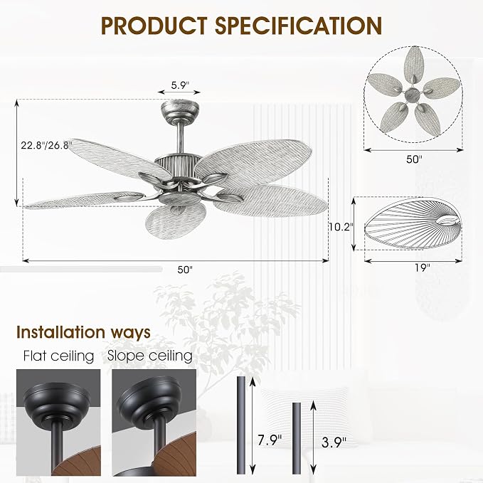 50 Inch Tropical Ceiling Fan no Light, Palm Leaf Waterproof Outdoor Ceiling Fans for Patios Porch, Remote/APP Control, Wet