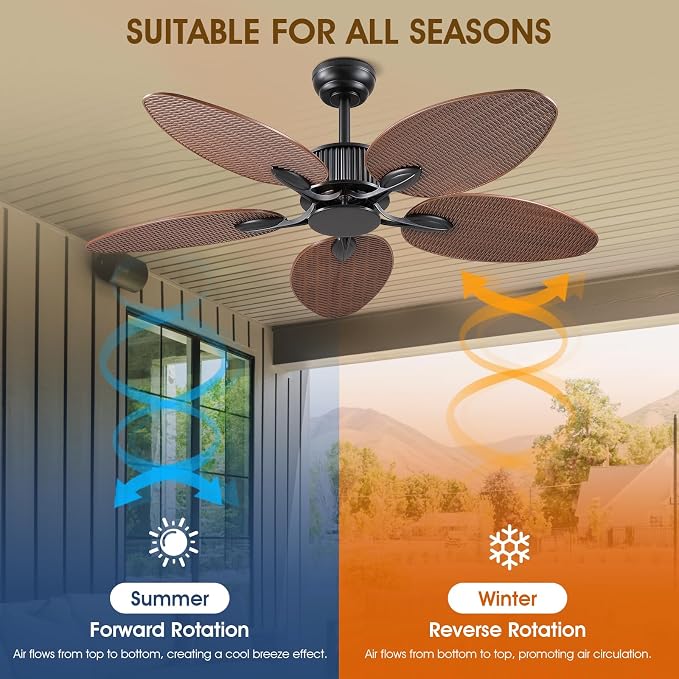 50 Inch Tropical Ceiling Fan no Light, Palm Leaf Waterproof Outdoor Ceiling Fans for Patios Porch, Remote/APP Control, Wet