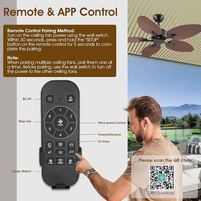 50 Inch Tropical Ceiling Fan no Light, Palm Leaf Waterproof Outdoor Ceiling Fans for Patios Porch, Remote/APP Control, Wet