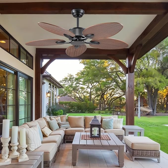 50 Inch Tropical Ceiling Fan no Light, Palm Leaf Waterproof Outdoor Ceiling Fans for Patios Porch, Remote/APP Control, Wet