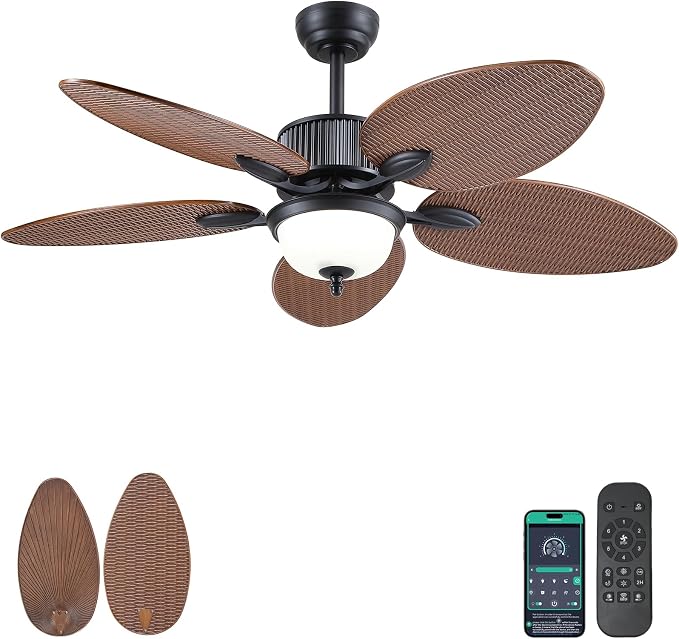 50 Inch Tropical Ceiling Fans with Lights, Palm Leaf Waterproof Outdoor Ceiling Fan for Patios Porch, Remote/APP Control, Wet