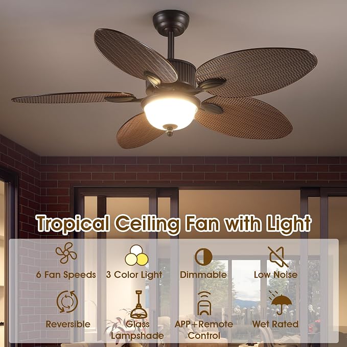 50 Inch Tropical Ceiling Fans with Lights, Palm Leaf Waterproof Outdoor Ceiling Fan for Patios Porch, Remote/APP Control, Wet