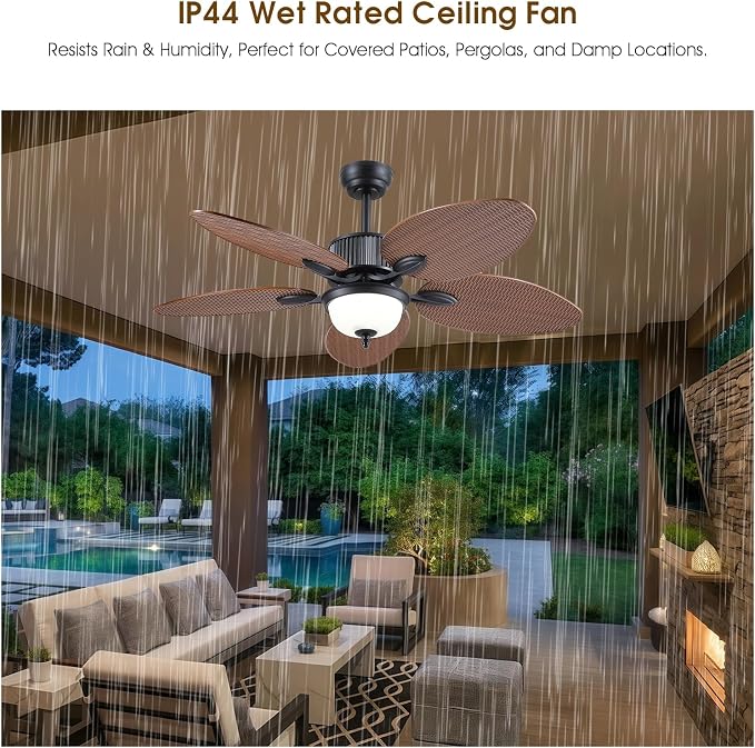 50 Inch Tropical Ceiling Fans with Lights, Palm Leaf Waterproof Outdoor Ceiling Fan for Patios Porch, Remote/APP Control, Wet