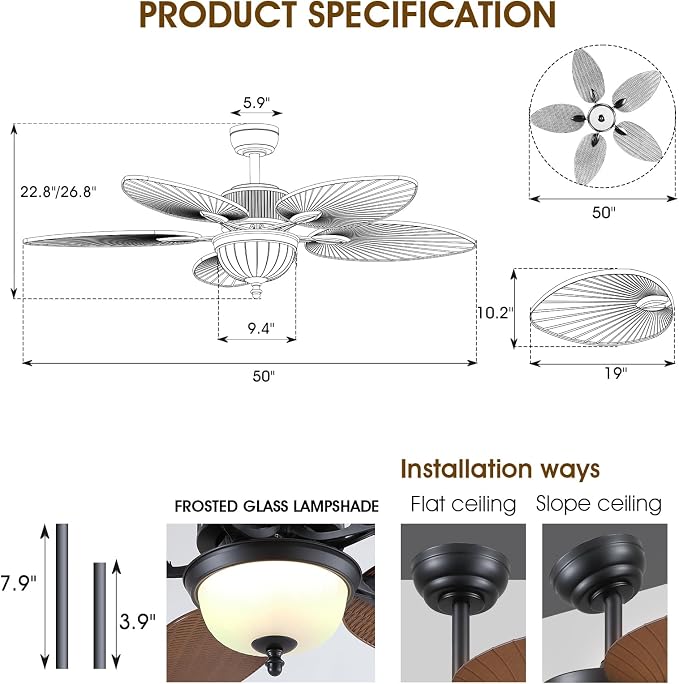 50 Inch Tropical Ceiling Fans with Lights, Palm Leaf Waterproof Outdoor Ceiling Fan for Patios Porch, Remote/APP Control, Wet
