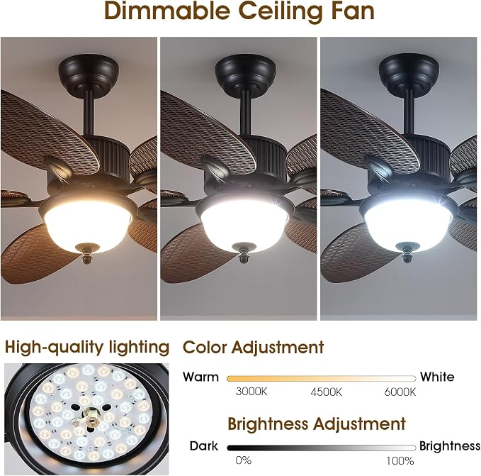 50 Inch Tropical Ceiling Fans with Lights, Palm Leaf Waterproof Outdoor Ceiling Fan for Patios Porch, Remote/APP Control, Wet