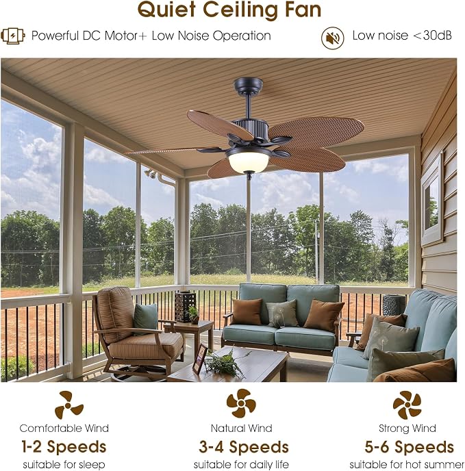50 Inch Tropical Ceiling Fans with Lights, Palm Leaf Waterproof Outdoor Ceiling Fan for Patios Porch, Remote/APP Control, Wet