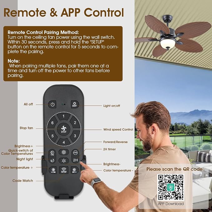 50 Inch Tropical Ceiling Fans with Lights, Palm Leaf Waterproof Outdoor Ceiling Fan for Patios Porch, Remote/APP Control, Wet