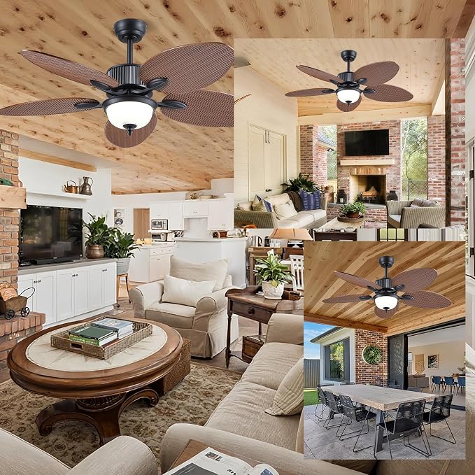 50 Inch Tropical Ceiling Fans with Lights, Palm Leaf Waterproof Outdoor Ceiling Fan for Patios Porch, Remote/APP Control, Wet