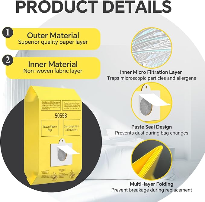 50 Pack 50558 Canister Vacuum Bags for Canister Type C/Q 5055 50555 50557 50558, Replacement Vacuum Cleaner Bags for