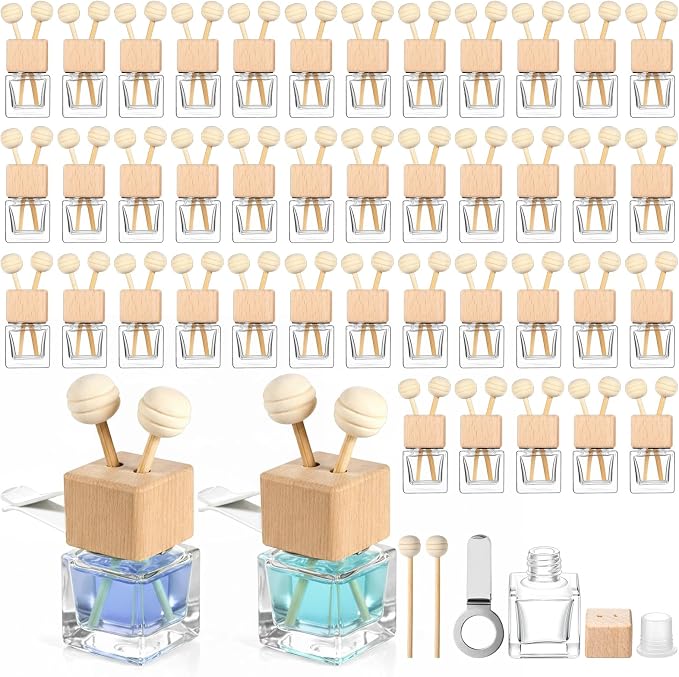 50 Pack Car Air Freshener Diffuser with Vent Clip, Clear Glass Perfume Bottle, product image