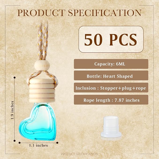 50 Pcs 6ml Hanging Car Diffuser Bottle Empty Glass Perfume Air Freshener Heart Love Bottle Diffuser Pendant Valentine's Day