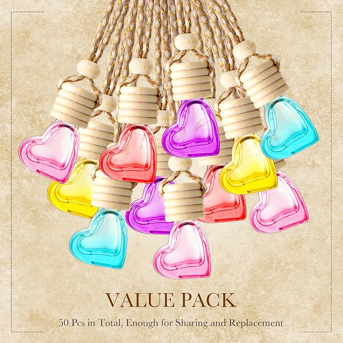 50 Pcs 6ml Hanging Car Diffuser Bottle Empty Glass Perfume Air Freshener Heart Love Bottle Diffuser Pendant Valentine's Day
