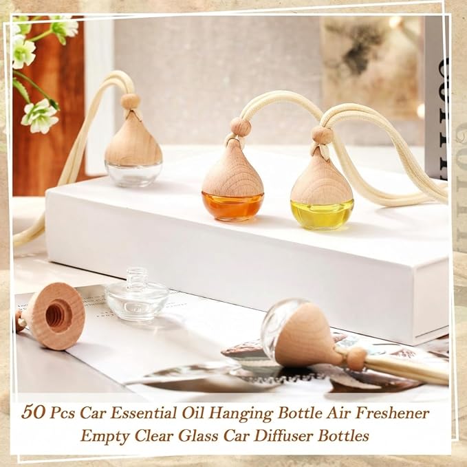 50 Pcs Car Air Fresheners Diffuser for Essential Oil Empty Hanging Bottle Glass Bottles Refillable Perfume Pendant