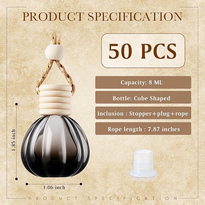 50 Pcs Hanging Car Air Freshener Black Car Diffuser Bottles Empty Glass Perfume Bottle Freshener Diffuser Bottle Pendant for