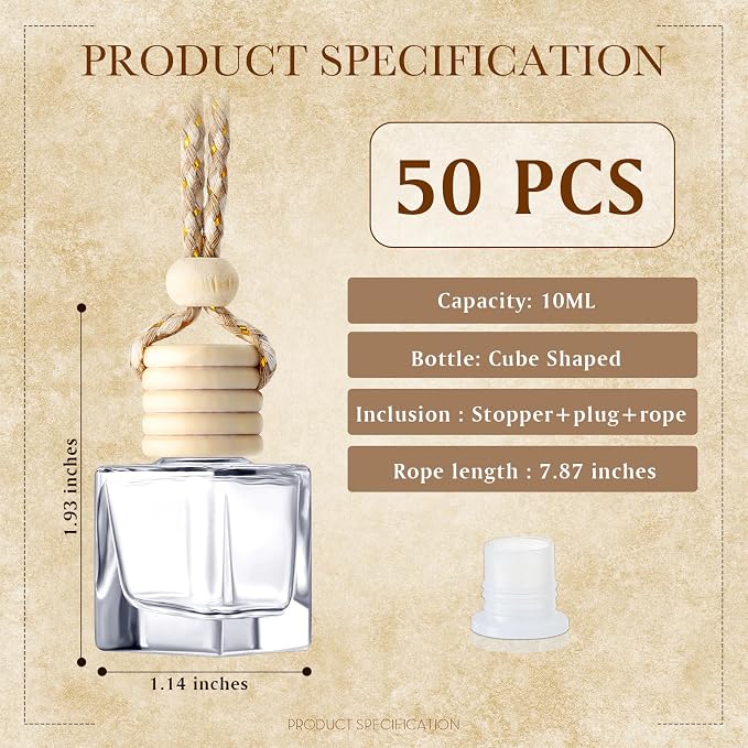 50 Pcs Hanging Car Air Freshener Car Diffuser Bottles Empty Glass Perfume Bottle Freshener Diffuser Bottle Pendant for
