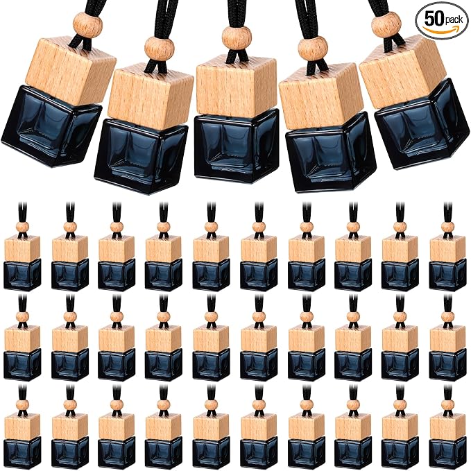 50 Pcs Hanging Car Freshener Black Car Diffuser Bottles Empty Glass Perfume Bottle Freshener Diffuser Bottles Pendant for