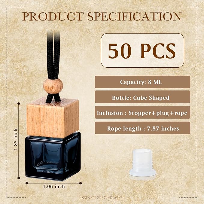 50 Pcs Hanging Car Freshener Black Car Diffuser Bottles Empty Glass Perfume Bottle Freshener Diffuser Bottles Pendant for