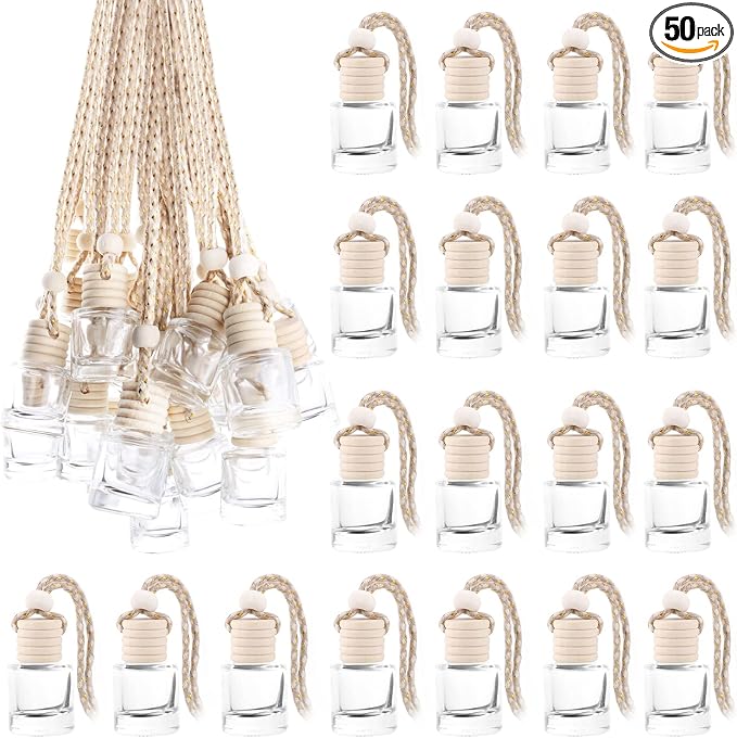 50 Pcs/Set,8ml Hanging Car Air Freshener Diffuser,Empty Refillable Clear Glass Essential Oil Fragrance Perfume Diffuser