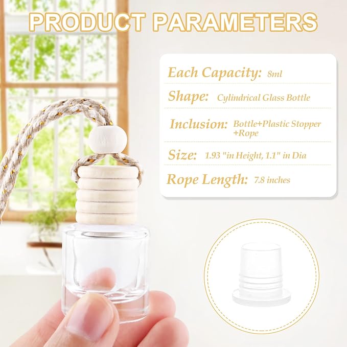 50 Pcs/Set,8ml Hanging Car Air Freshener Diffuser,Empty Refillable Clear Glass Essential Oil Fragrance Perfume Diffuser