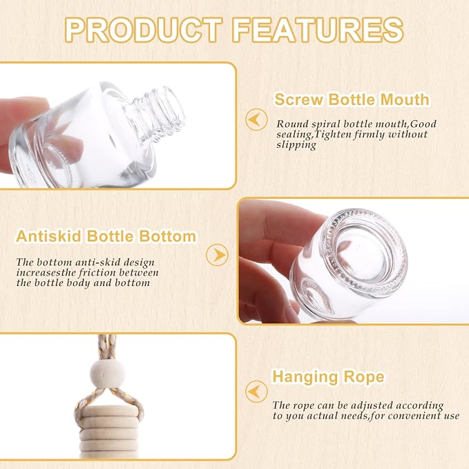 50 Pcs/Set,8ml Hanging Car Air Freshener Diffuser,Empty Refillable Clear Glass Essential Oil Fragrance Perfume Diffuser
