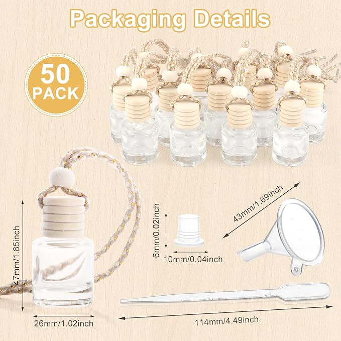50 Pcs/Set,8ml Hanging Car Air Freshener Diffuser,Empty Refillable Clear Glass Essential Oil Fragrance Perfume Diffuser