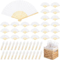 50 Pieces Silk Hand Bamboo Folding Fans Handheld Fan with Storage Basket and Organza Bags Foldable Hand Fans for
