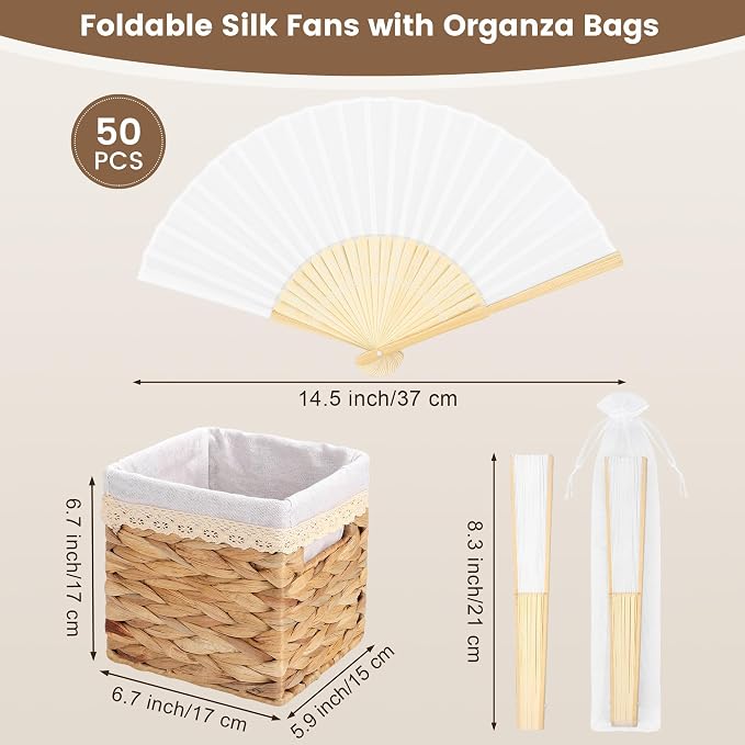 50 Pieces Silk Hand Bamboo Folding Fans Handheld Fan with Storage Basket and Organza Bags Foldable Hand Fans for, alternate