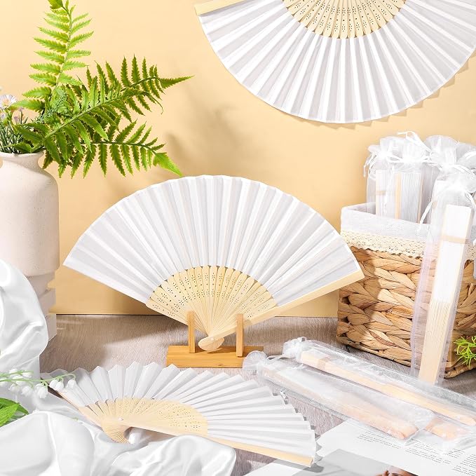 50 Pieces Silk Hand Bamboo Folding Fans Handheld Fan with Storage Basket and Organza Bags Foldable Hand Fans for, alternate
