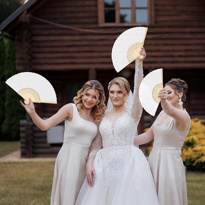 50 Pieces Silk Hand Bamboo Folding Fans Handheld Fan with Storage Basket and Organza Bags Foldable Hand Fans for, alternate