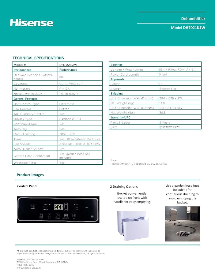 50 Pint 3-Speeds Dehumidifier, 3 Modes – Auto, Continuous, Manual, 115v, LED Display, Noise Level 46 dB, 24-hour on/off