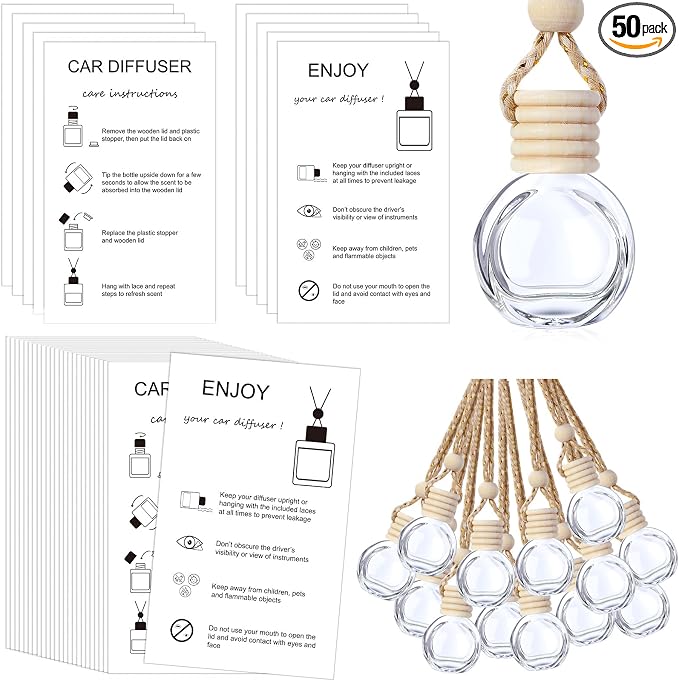 50 Sets Hanging Car Air Freshener Diffuser Bottles with 2 x 3.54 Inch Car Diffuser Instructions Cards for Empty Essential
