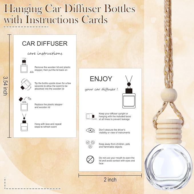 50 Sets Hanging Car Air Freshener Diffuser Bottles with 2 x 3.54 Inch Car Diffuser Instructions Cards for Empty Essential