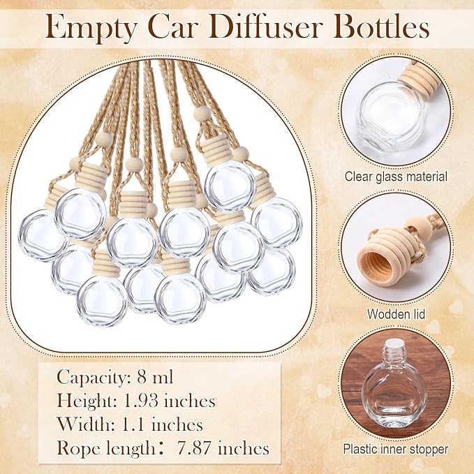 50 Sets Hanging Car Air Freshener Diffuser Bottles with 2 x 3.54 Inch Car Diffuser Instructions Cards for Empty Essential
