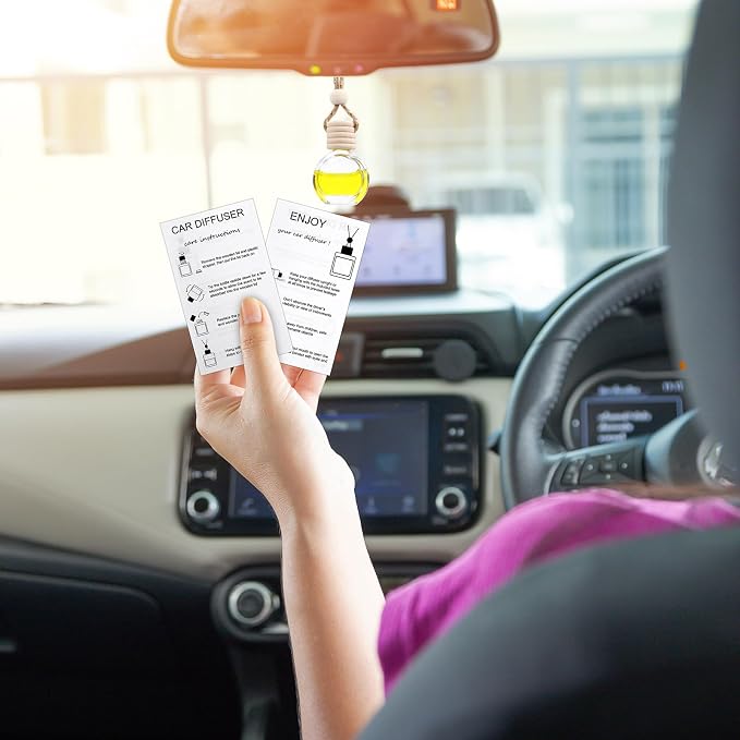 50 Sets Hanging Car Air Freshener Diffuser Bottles with 2 x 3.54 Inch Car Diffuser Instructions Cards for Empty Essential