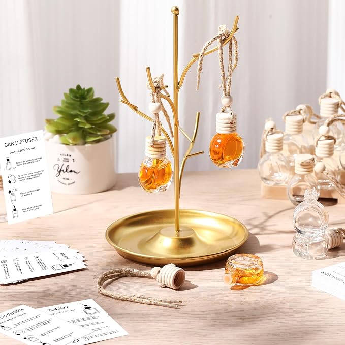 50 Sets Hanging Car Air Freshener Diffuser Bottles with 2 x 3.54 Inch Car Diffuser Instructions Cards for Empty Essential
