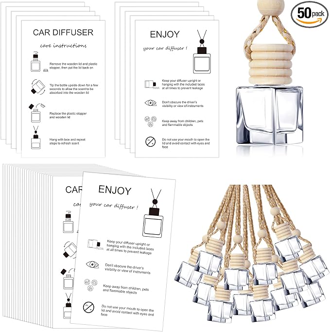 50 Sets Hanging Car Air Freshener Diffuser Bottles with 2 x 3.54 Inch Car Diffuser Instructions Cards for Empty Essential