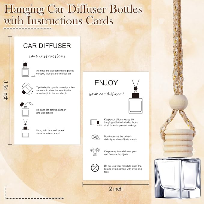 50 Sets Hanging Car Air Freshener Diffuser Bottles with 2 x 3.54 Inch Car Diffuser Instructions Cards for Empty Essential