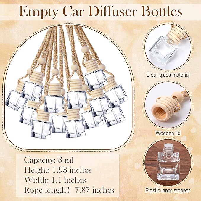 50 Sets Hanging Car Air Freshener Diffuser Bottles with 2 x 3.54 Inch Car Diffuser Instructions Cards for Empty Essential