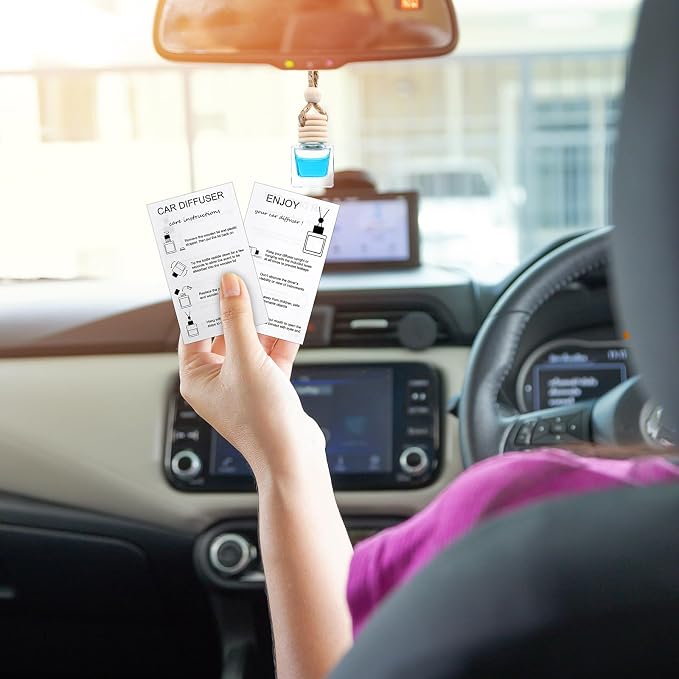 50 Sets Hanging Car Air Freshener Diffuser Bottles with 2 x 3.54 Inch Car Diffuser Instructions Cards for Empty Essential
