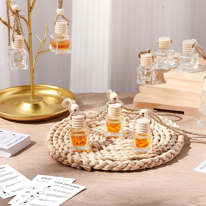 50 Sets Hanging Car Air Freshener Diffuser Bottles with 2 x 3.54 Inch Car Diffuser Instructions Cards for Empty Essential