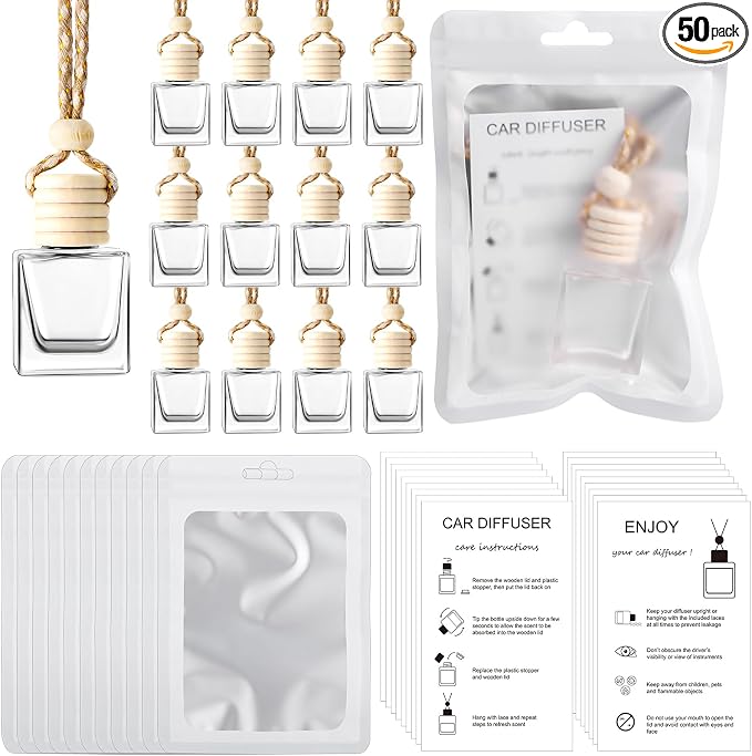50 Sets Hanging Car Air Freshener Diffuser Bottles with Instruction Card and 4 x 6'' Resealable Holographic Bag for Empty