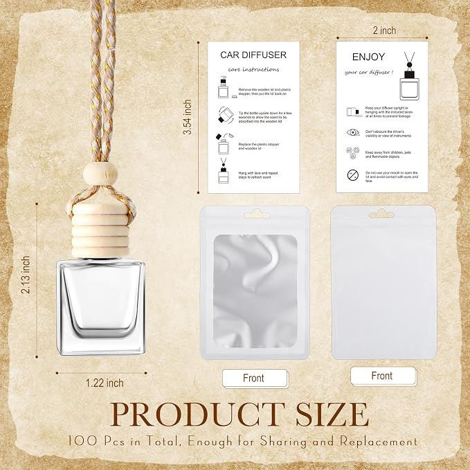 50 Sets Hanging Car Air Freshener Diffuser Bottles with Instruction Card and 4 x 6'' Resealable Holographic Bag for Empty