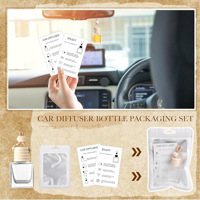 50 Sets Hanging Car Air Freshener Diffuser Bottles with Instruction Card and 4 x 6'' Resealable Holographic Bag for Empty