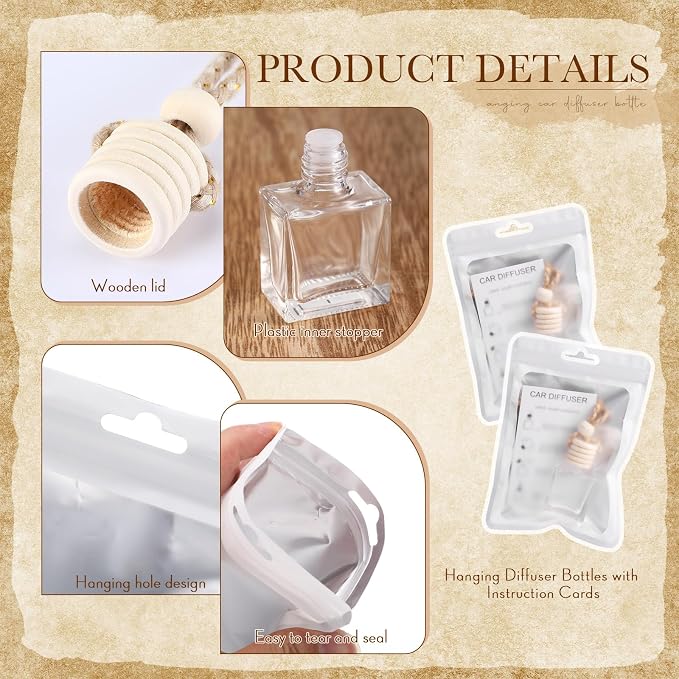 50 Sets Hanging Car Air Freshener Diffuser Bottles with Instruction Card and 4 x 6'' Resealable Holographic Bag for Empty