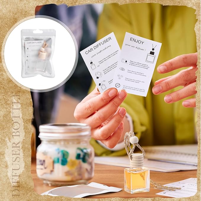 50 Sets Hanging Car Air Freshener Diffuser Bottles with Instruction Card and 4 x 6'' Resealable Holographic Bag for Empty