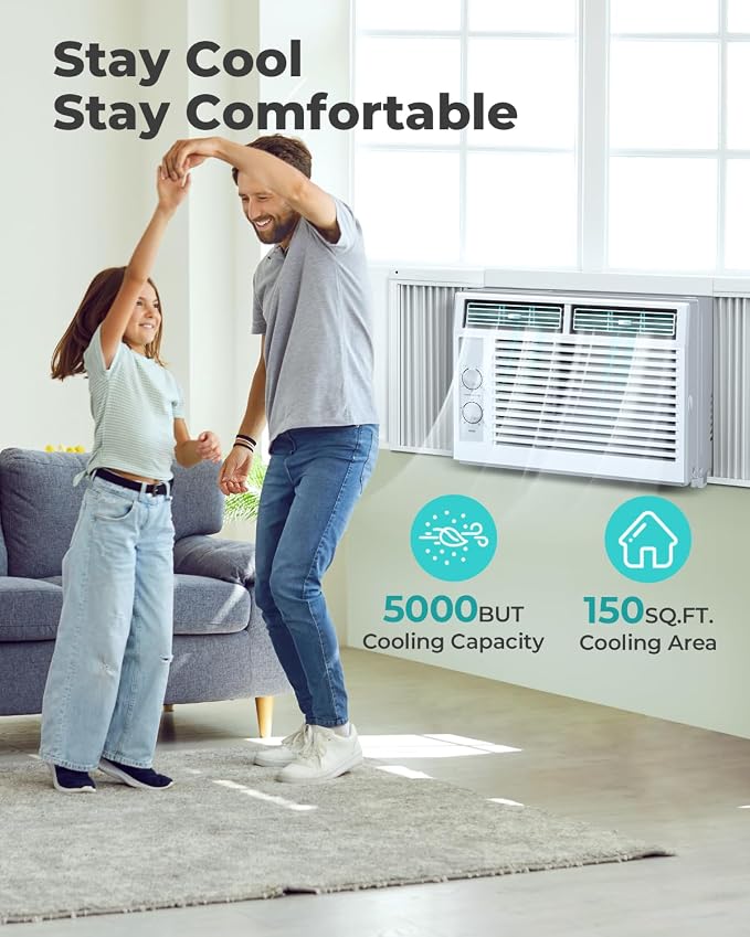 5000 BTU Window Air Conditioner AC Unit, Cool up to 150 Sq.Ft., Adjustable Cooling & Fan Modes, Install Kit, Energy Saving